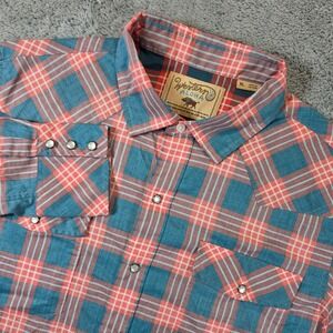 Western Aloha Shirt Mens XL Blue Coral Plaid Pearl Snap Western Yoke Long Sleeve